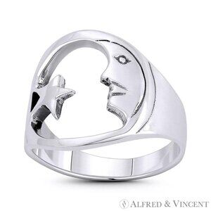 Waxing Crescent Moon Face & Star Lunar Charm Ring in .925 Sterling Silver Sz.7